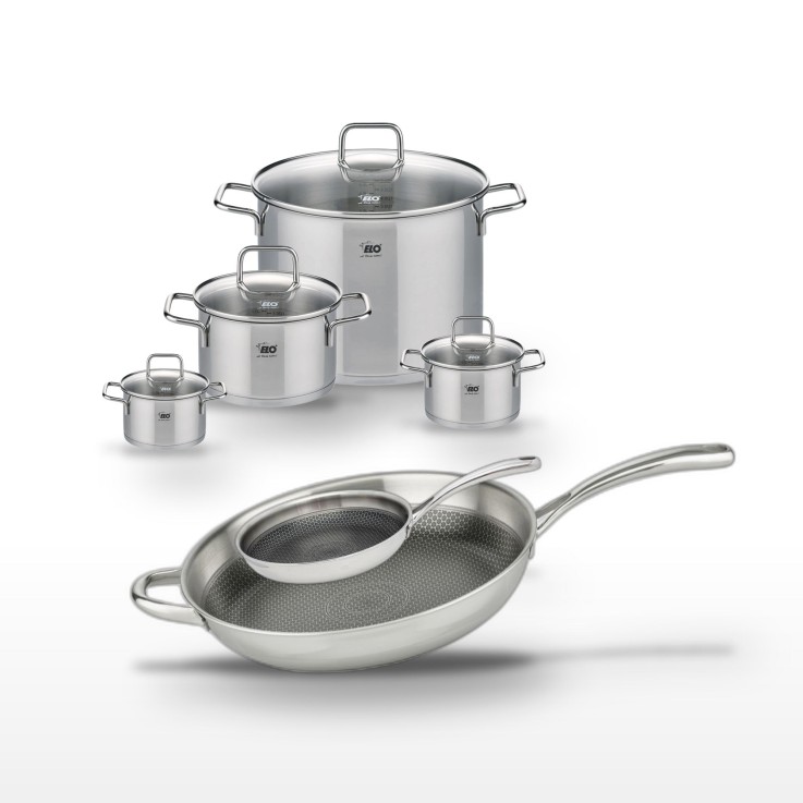 Batterie de cuisine Relief Evolution en inox - poêles 24/32 cm - faitouts 12/14/20/26 cm