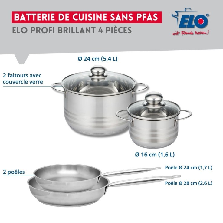 Batterie de cuisine Profi Brillant en inox - 2 poêles et 2 faitouts
