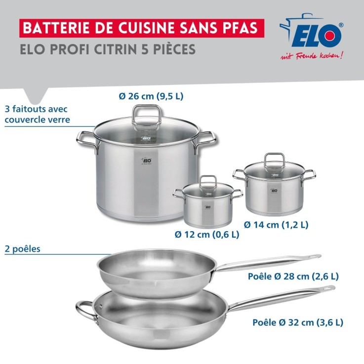 Batterie de cuisine Profi Citrin en inox - poêles 28/32, faitouts 12/14/26 cm