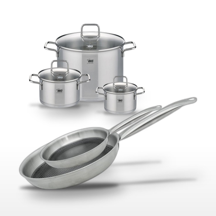 Lot de 3 faitouts et 2 poêles Relief Solution en inox