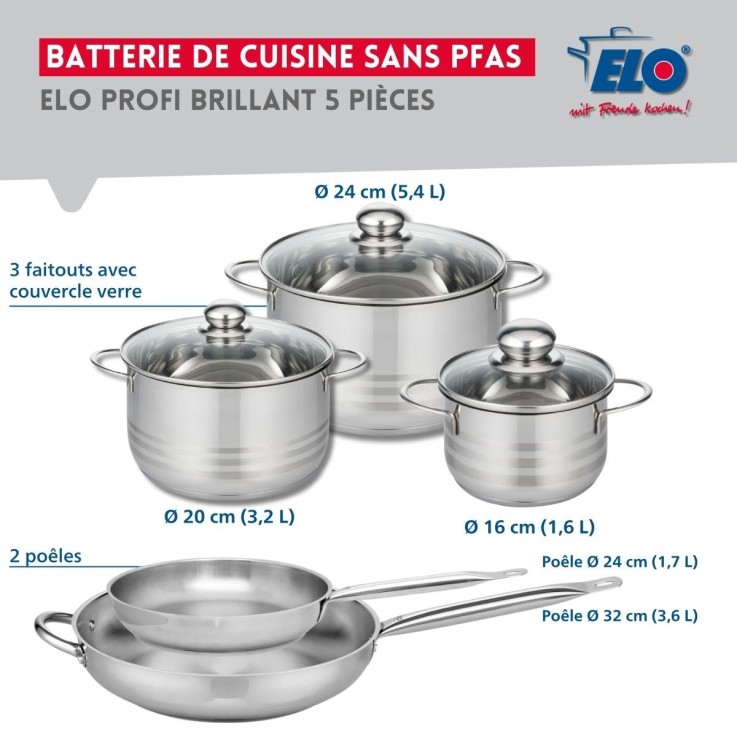 Batterie de cuisine Profi Brillant en inox - 2 poêles et 3 faitouts
