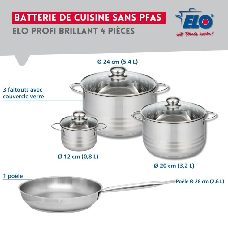 Batterie de cuisine Profi Brillant en inox - poêle 28 cm et faitouts 12, 20 et 24 cm