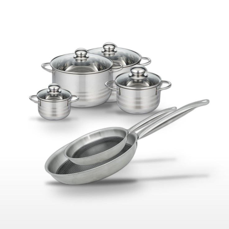 Batterie de cuisine Relief Solution en inox - 2 poêles et 4 faitouts