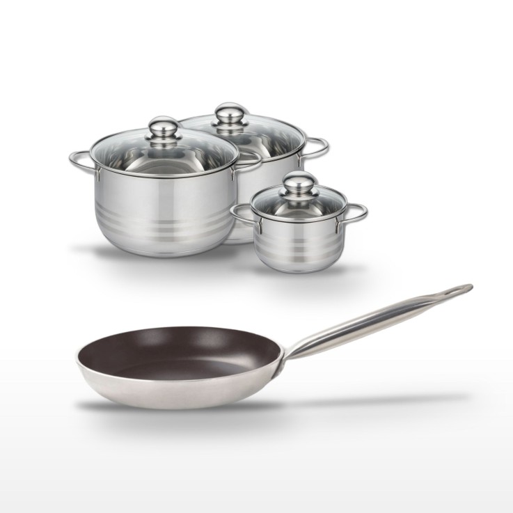 Batterie de cuisine Bistro Line en aluminium et inox - poêle 32 cm, faitouts 14, 20 et 24 cm - gris