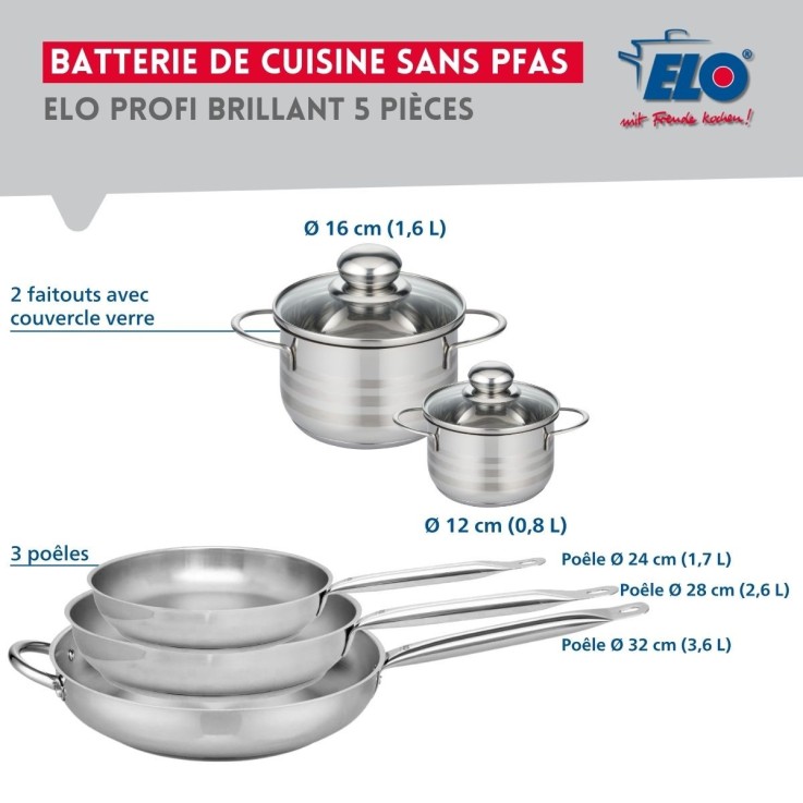 Ensemble de cuisson Profi Brillant en inox - 3 poêles et 2 faitouts