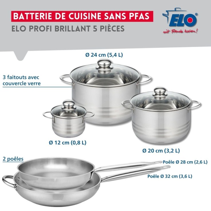 Batterie de cuisine Profi Brillant en inox - 2 poêles et 3 faitouts