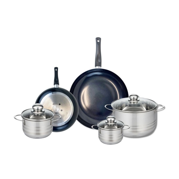 Batterie de cuisine Prima Brillant en aluminium et inox - poêles 20 et 28 cm - faitouts 12, 14 et 20 cm