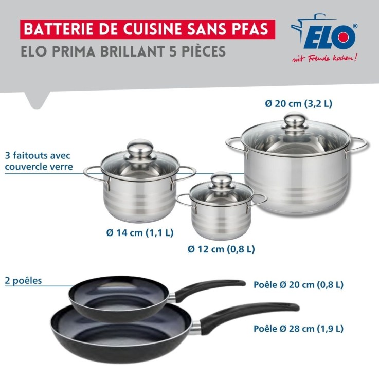 Batterie de cuisine Prima Brillant en aluminium et inox - poêles 20 et 28 cm - faitouts 12, 14 et 20 cm