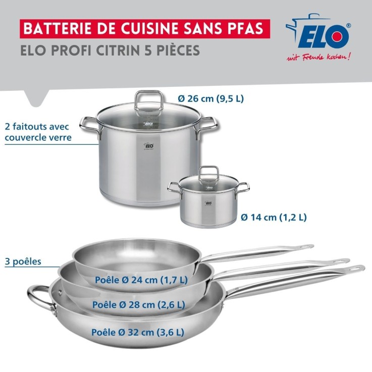 Batterie de cuisine Profi Citrin en inox - 3 poêles et 2 faitouts