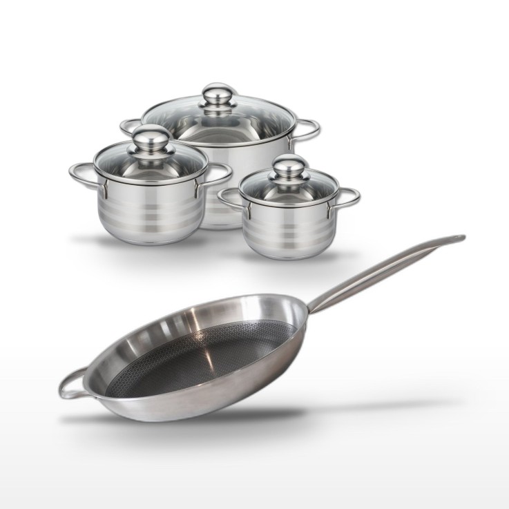 Batterie de cuisine Relief Solution en inox - une poêle et trois faitouts