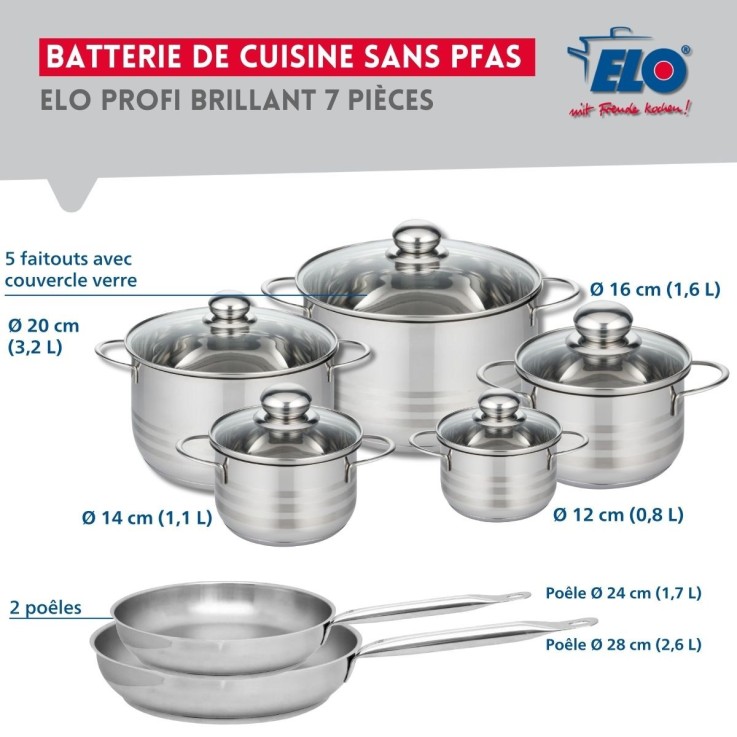 Batterie de cuisine Profi Brillant en inox - 2 poêles et 5 faitouts