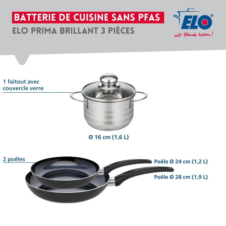 Batterie Prima Brillant en aluminium et inox - 24, 28 et 16 cm