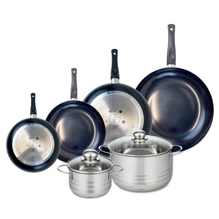 Batterie de cuisine Prima Brillant en aluminium et inox - 4 poêles et 2 faitouts