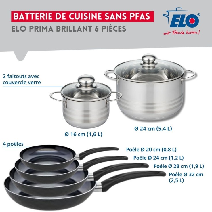 Batterie de cuisine Prima Brillant en aluminium et inox - 4 poêles et 2 faitouts