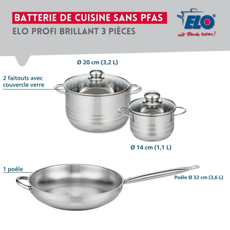Batterie de cuisine Profi Brillant en inox - 14, 20 et 32 cm