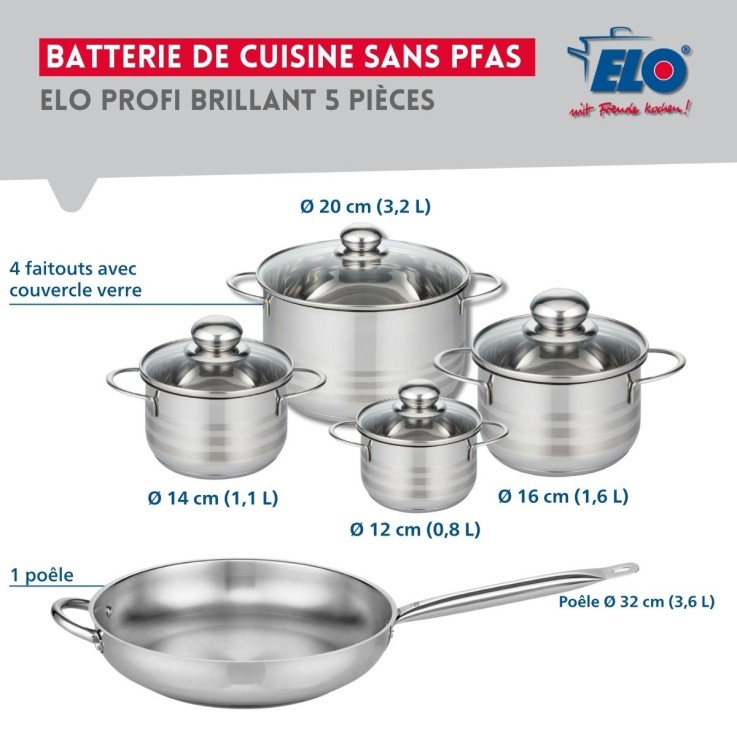 Batterie de cuisine Profi Brillant en inox - 5 pièces - poêle 32 cm