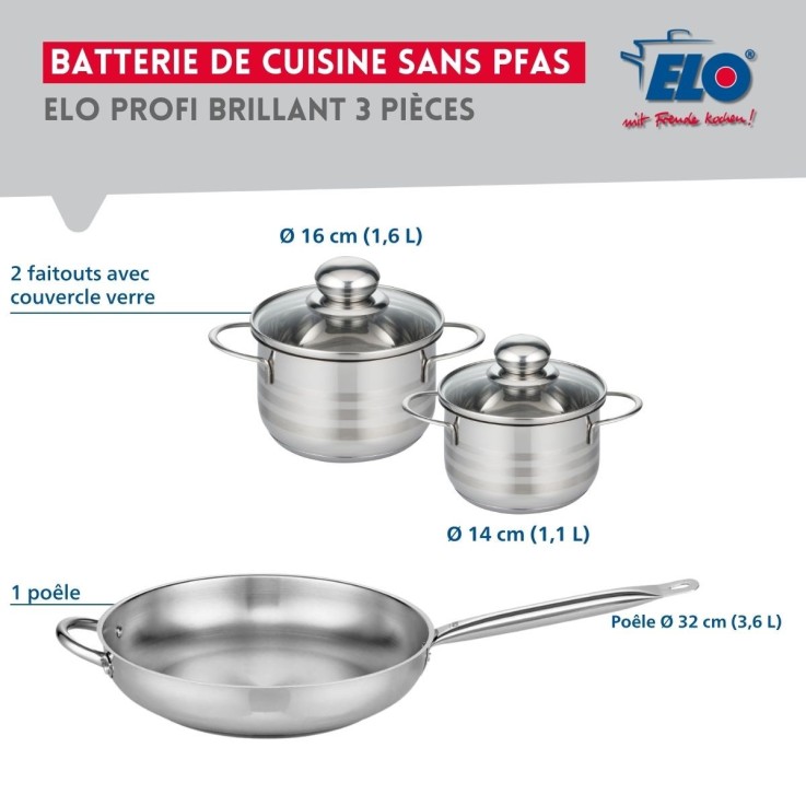 Batterie de cuisine Profi Brillant en inox - 32, 14 et 16 cm