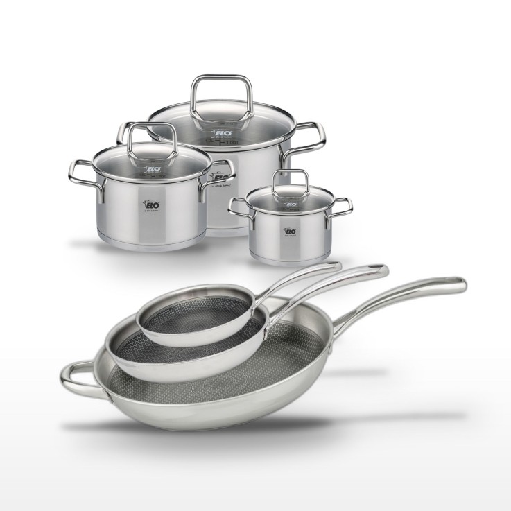 Lot de 3 poêles Relief Evolution et 3 faitouts Citrin en inox