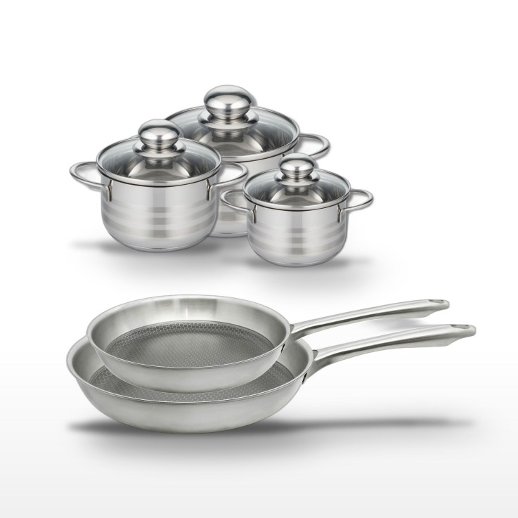 Batterie de cuisine Relief Passion en inox - 2 poêles et 3 faitouts