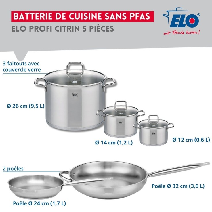 Ensemble de poêles et de faitouts Profi Citrin en inox - 5 pièces