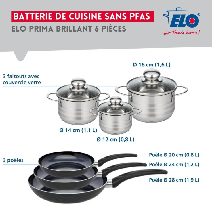 Batterie de cuisine Prima Brillant en aluminium et inox - 12, 14, 16, 20, 24 et 28 cm - noire