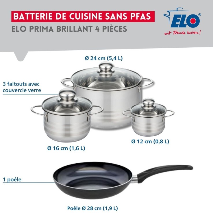 Batterie de cuisine Prima Brillant en aluminium et inox - 28, 12, 16 et 24 cm - noire