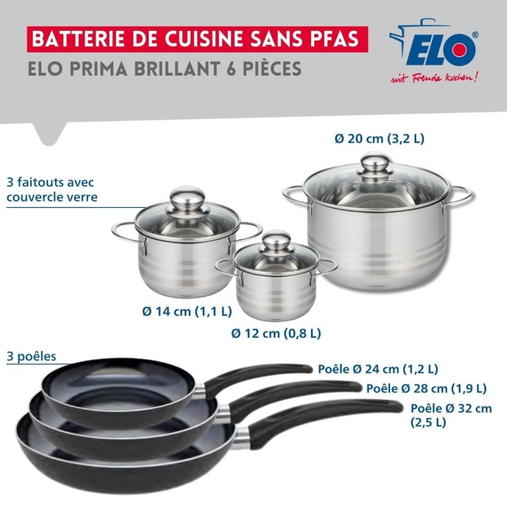 Batterie de cuisine Prima Brillant en aluminium et inox - 6 pièces assorties
