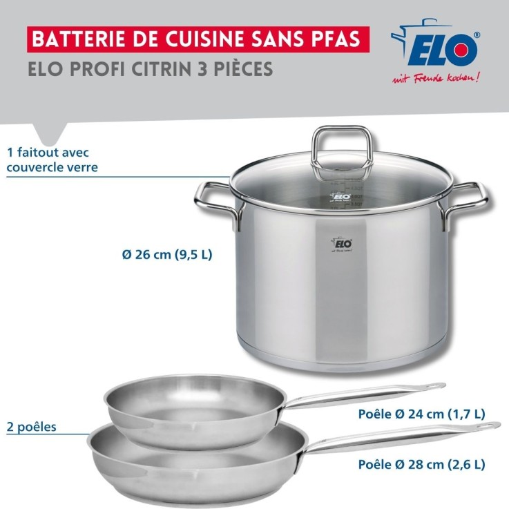 Batterie de cuisine Profi Citrin en inox - 24, 28 et 26 cm