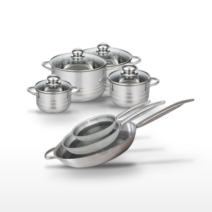 Batterie de cuisine Relief Solution en inox - 3 faitouts et 3 poêles