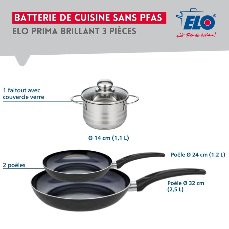 Batterie Prima Brillant en aluminium et inox - 14, 24 et 32 cm