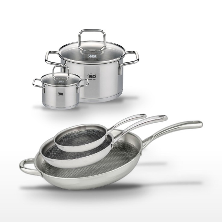 Batterie de cuisine Relief Evolution en inox - 3 poêles et 2 faitouts