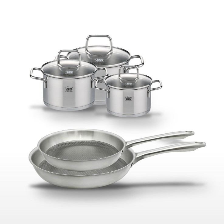 Batterie de cuisine Relief Passion en inox - poêles 24/28 cm - faitouts 12/14/16 cm