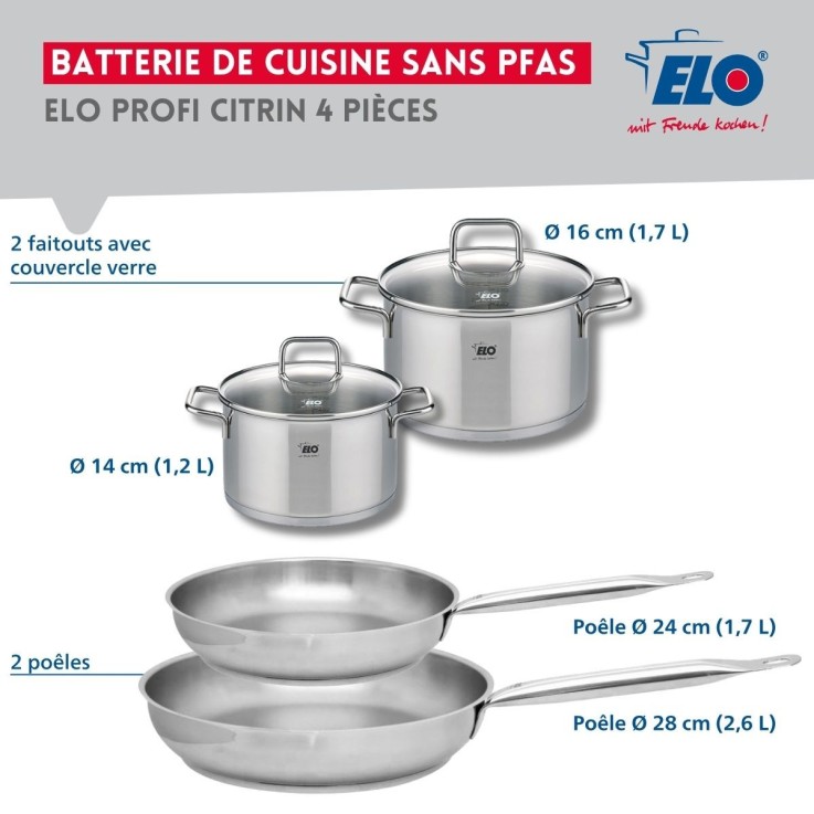 Batterie de cuisine Profi Citrin en inox - 4 pièces - 24/28 cm et 14/16 cm