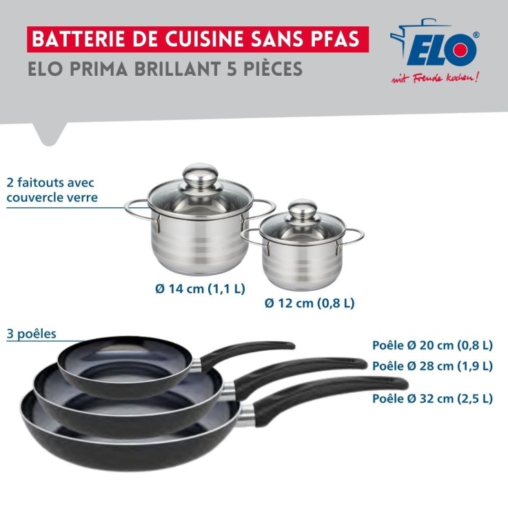Batterie de cuisine Prima Brillant en aluminium et inox - 12, 14, 20, 28 et 32 cm