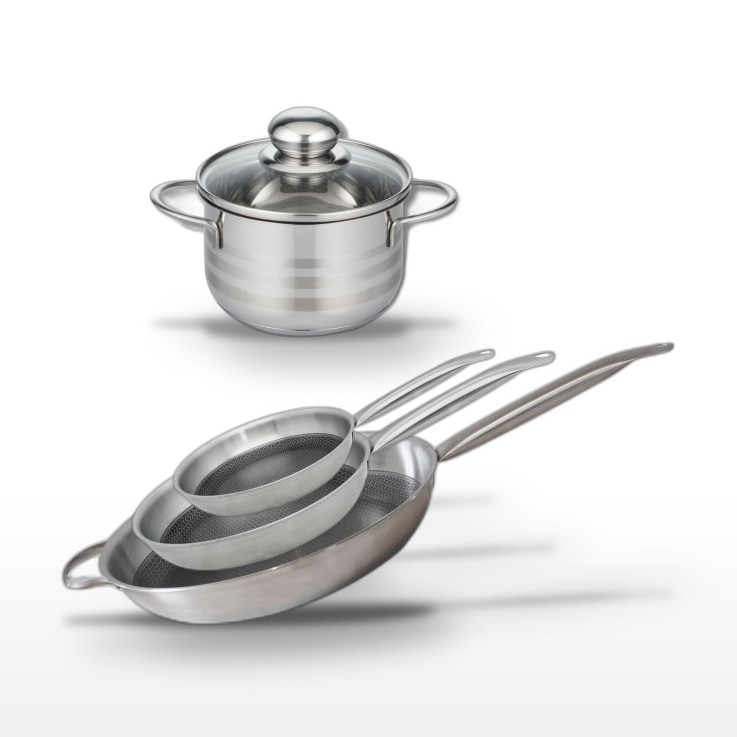 Batterie de cuisine Relief Solution en inox - 3 poêles 24/28/32 cm et faitout 16 cm - noire