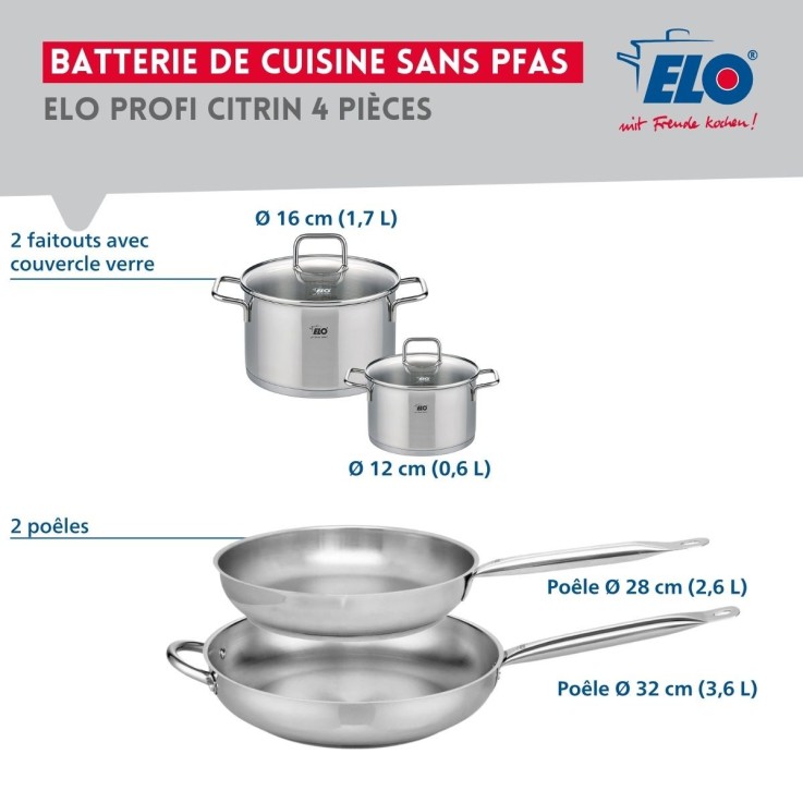 Batterie de cuisine Profi Citrin en inox - poêles 28/32 cm - faitouts 12/16 cm