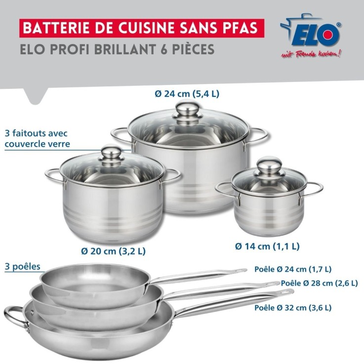 Ensemble de poêles et faitouts Profi Brillant en inox - 6 pièces