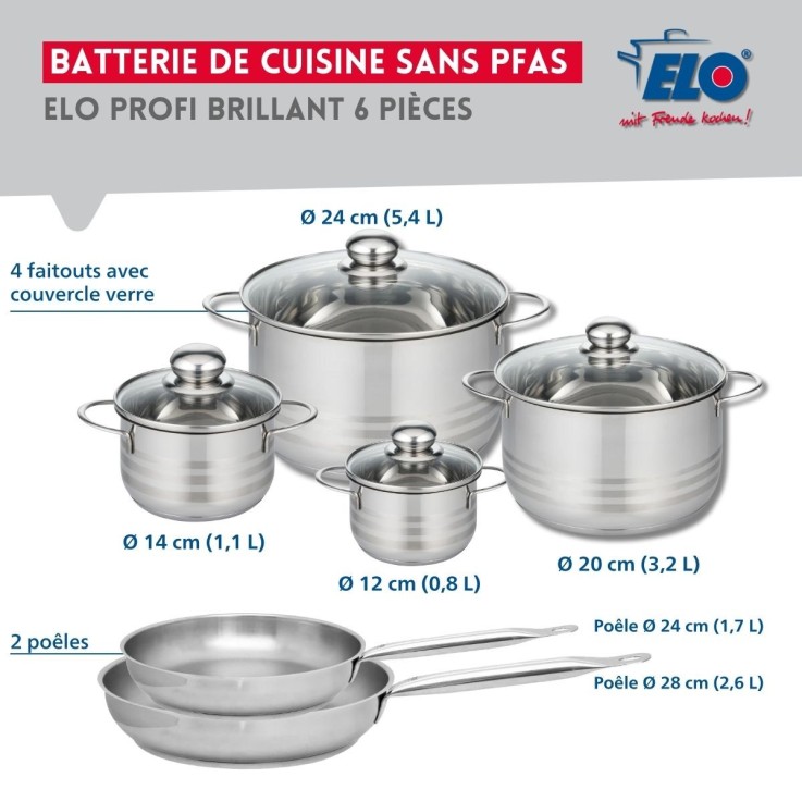Batterie de cuisine Profi Brillant en inox - 6 pièces - poêles et faitouts