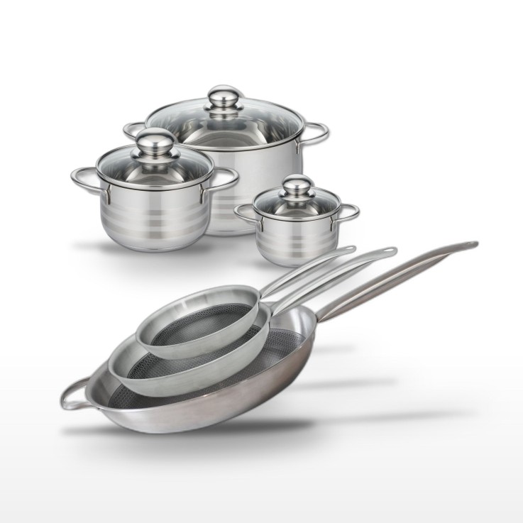 Batterie de cuisine Relief Solution en inox - 3 faitouts et 3 poêles