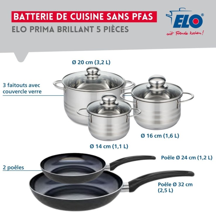 Batterie de cuisine Prima Brillant en aluminium et inox - 14, 16, 20, 24 et 32 cm