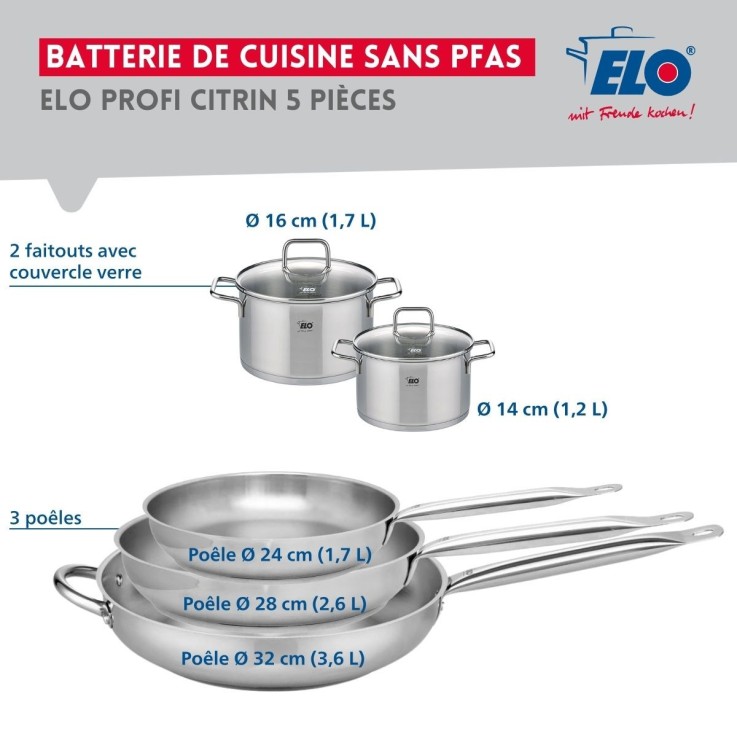 Batterie de cuisine Profi Citrin en inox - 3 poêles et 2 faitouts