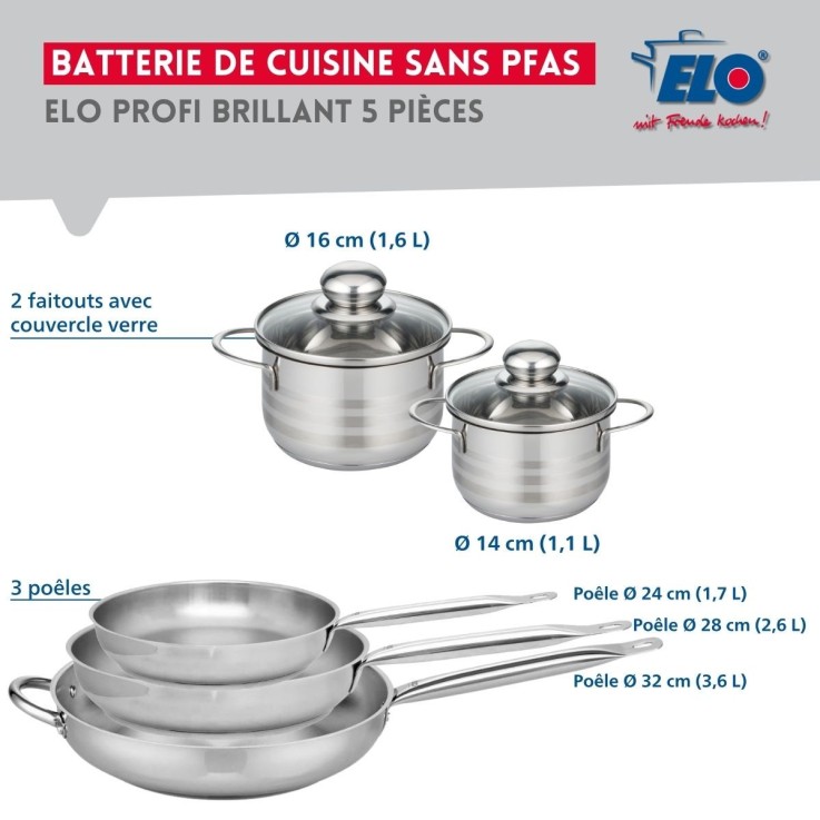 Batterie de cuisine Profi Brillant en inox - 3 poêles et 2 faitouts