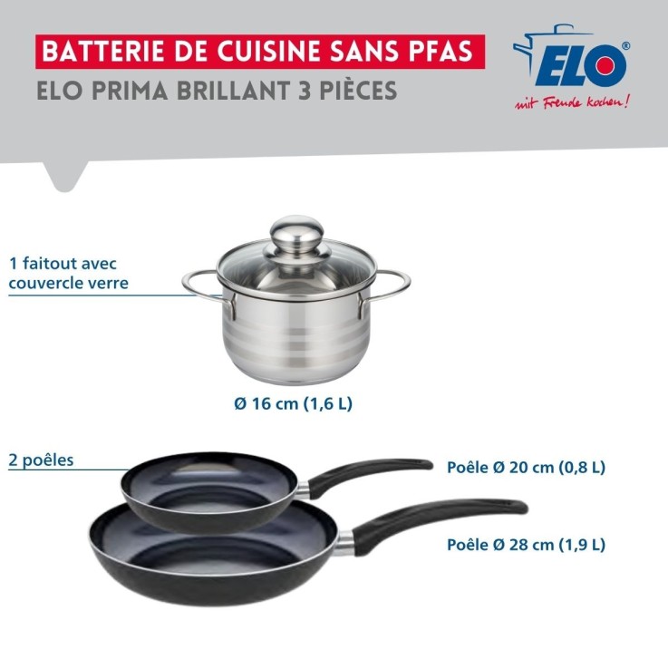 Batterie de cuisine Prima Brillant en aluminium et inox - 16/20/28 cm - noire