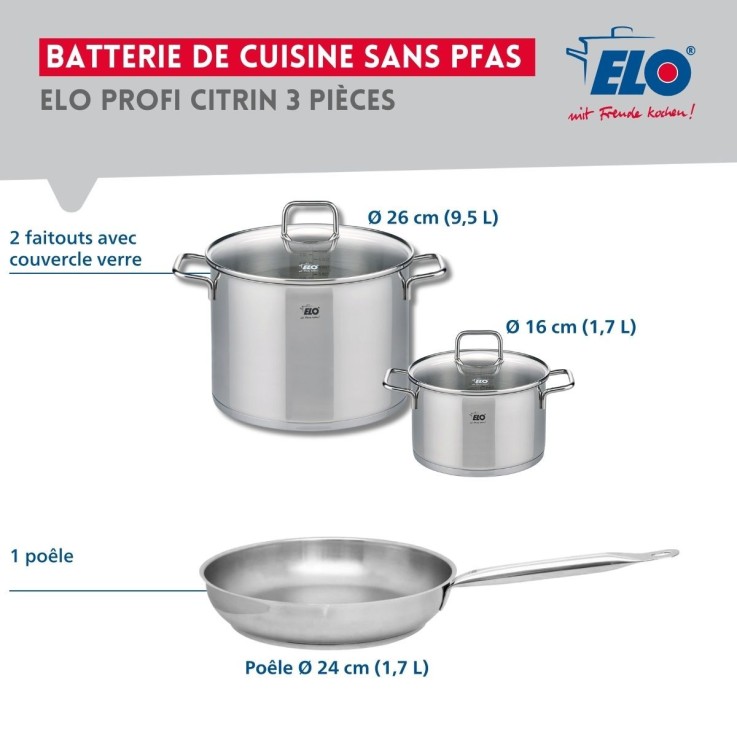 Batterie de cuisine Profi Citrin en inox - 16, 24 et 26 cm
