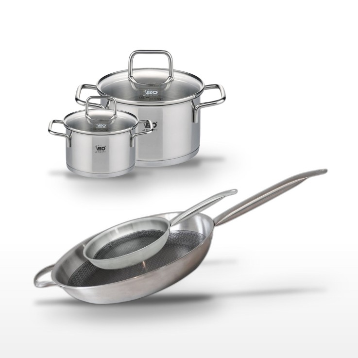 Batterie de cuisine Relief Solution en inox - poêles 24/32 cm et faitouts 14/20 cm