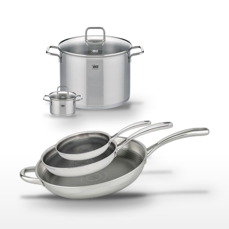 Batterie de cuisine Relief Evolution en inox - 3 poêles et 2 faitouts