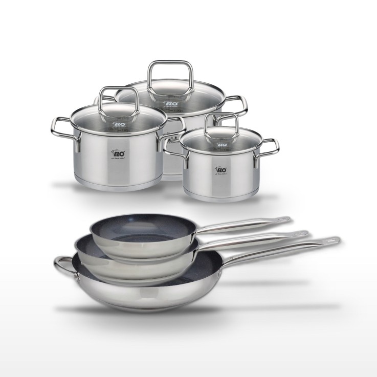 Batterie de cuisine en inox - 3 poêles et 3 faitouts - coloris gris