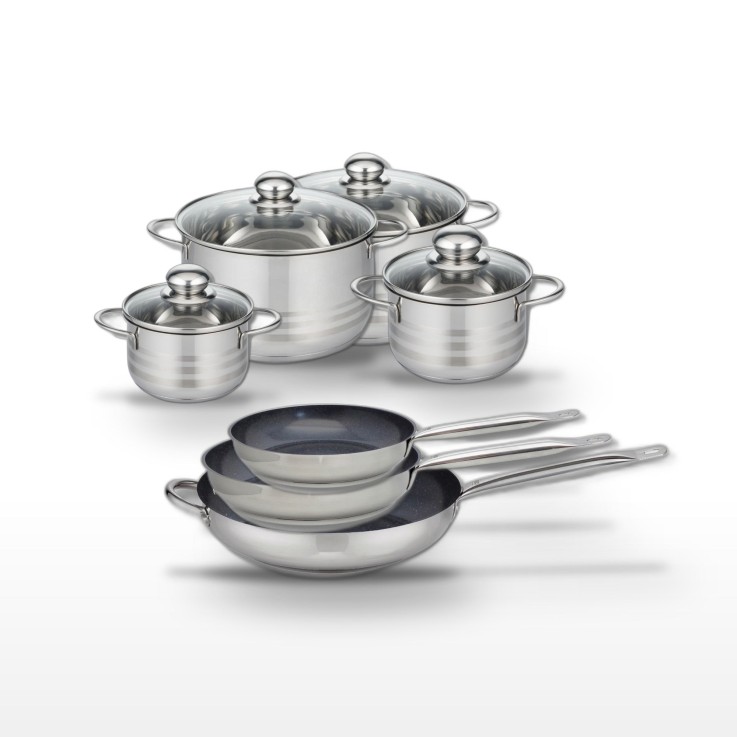 Batterie de cuisine en inox - 7 pièces - 3 poêles, 4 faitouts - grise