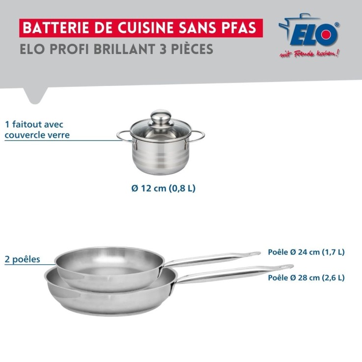 Batterie de cuisine Profi Brillant en inox - poêles 24 et 28 cm - faitout 12 cm