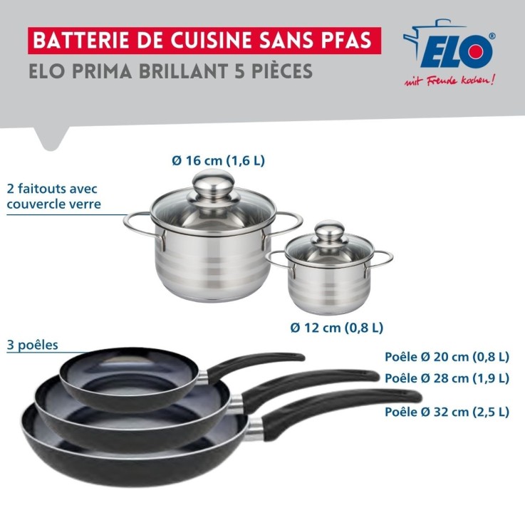 Batterie de cuisine Prima Brillant en aluminium et inox - 5 pièces - noire